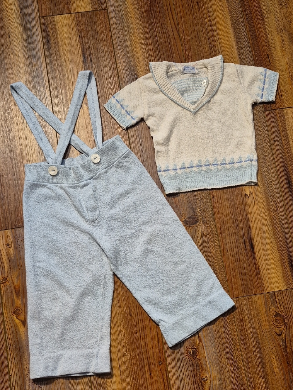 Vintage 50's Donmoor Light Blue Knit Suspenders Pants &  Sweater Set -Sz. 18 Mo.